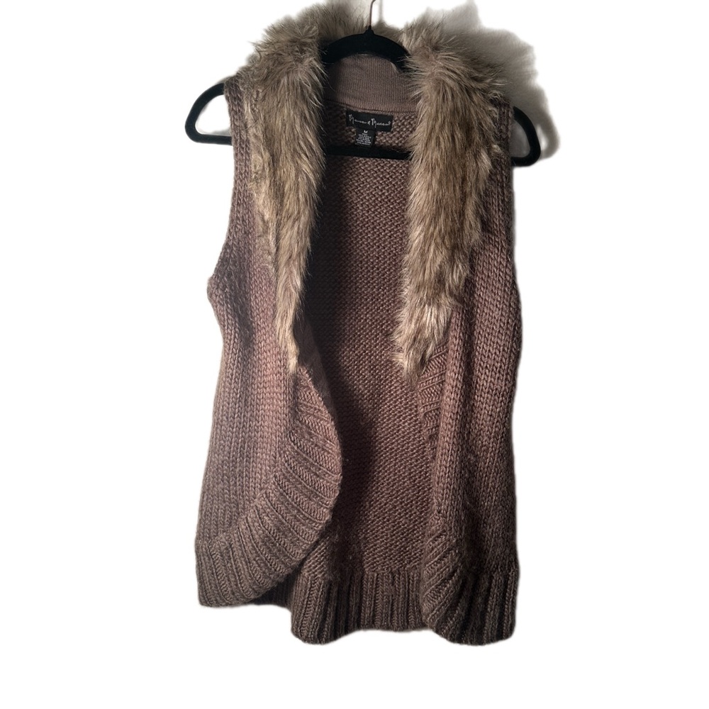mercer & madison Faux Fur Trim Knit Sleeveless Vest - Brown